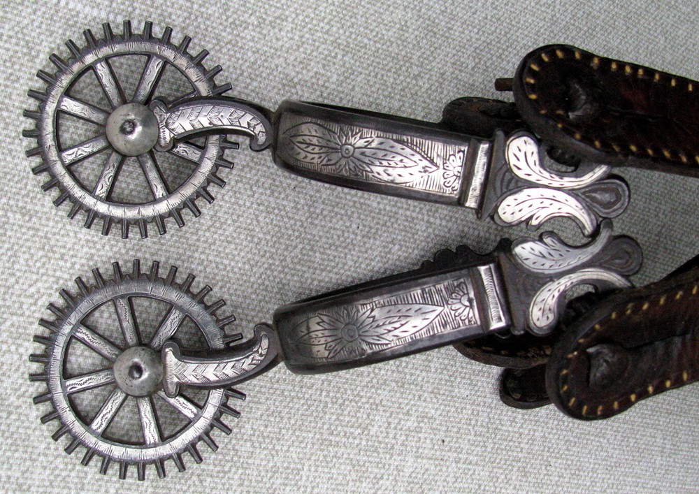 SPANISH COLONIAL TRANSITIONAL DBL MTD ENGRAVED 2 PATTERN CLOCK GEAR ROWELS c1850