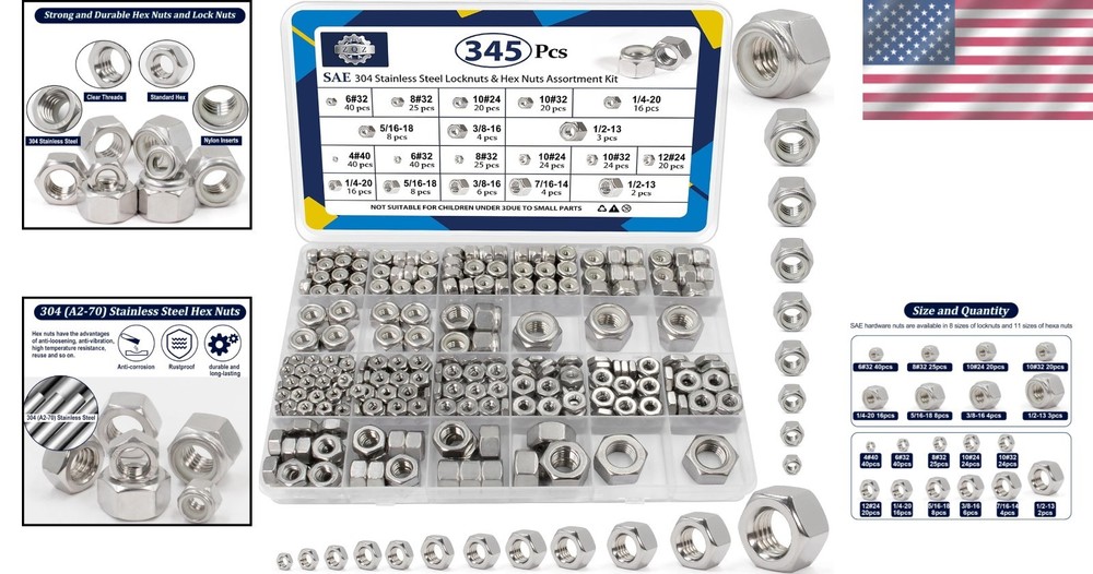 Stainless Steel Lock & Hex Nut Assortment, 345 pcs