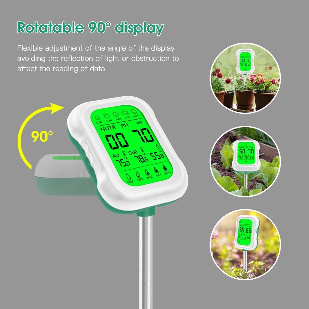 7-in-1 Soil pH Meter Rotatable Backlit Display Nutrient Analyzer Moisture Sensor