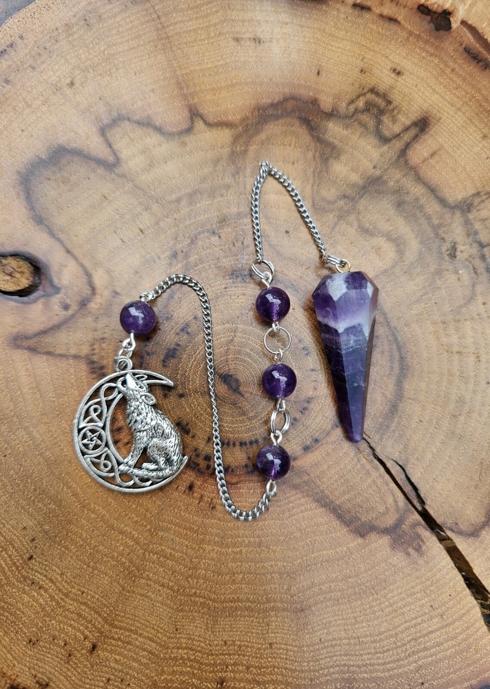 Amethyst pendulum with Amethyst beads and Wolf Cresent Moon Charm.