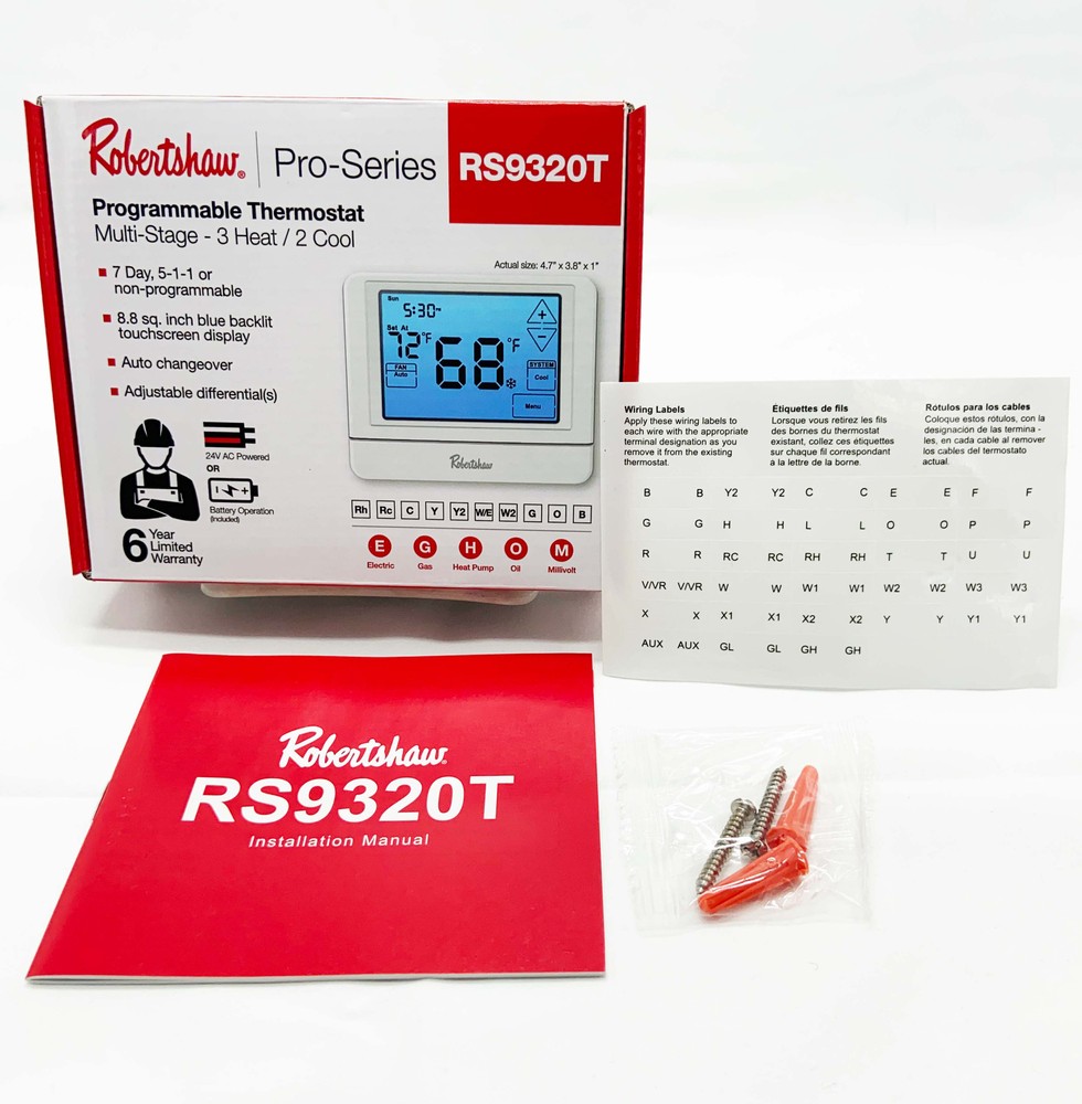 Robertshaw Programmable Multi-Stage 3H/2C Touchscreen Wall Thermostat RS9320T