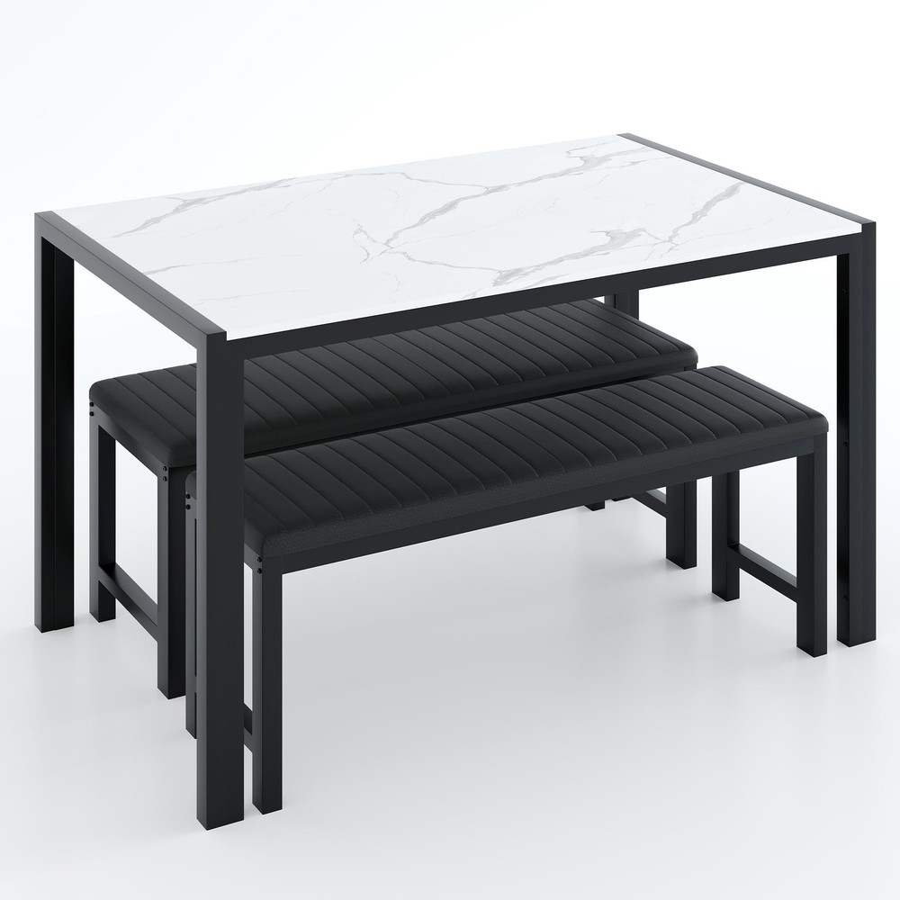 Modern 3-Piece Rectangular Dining Table 2 Upholstered Padded Dining Benches