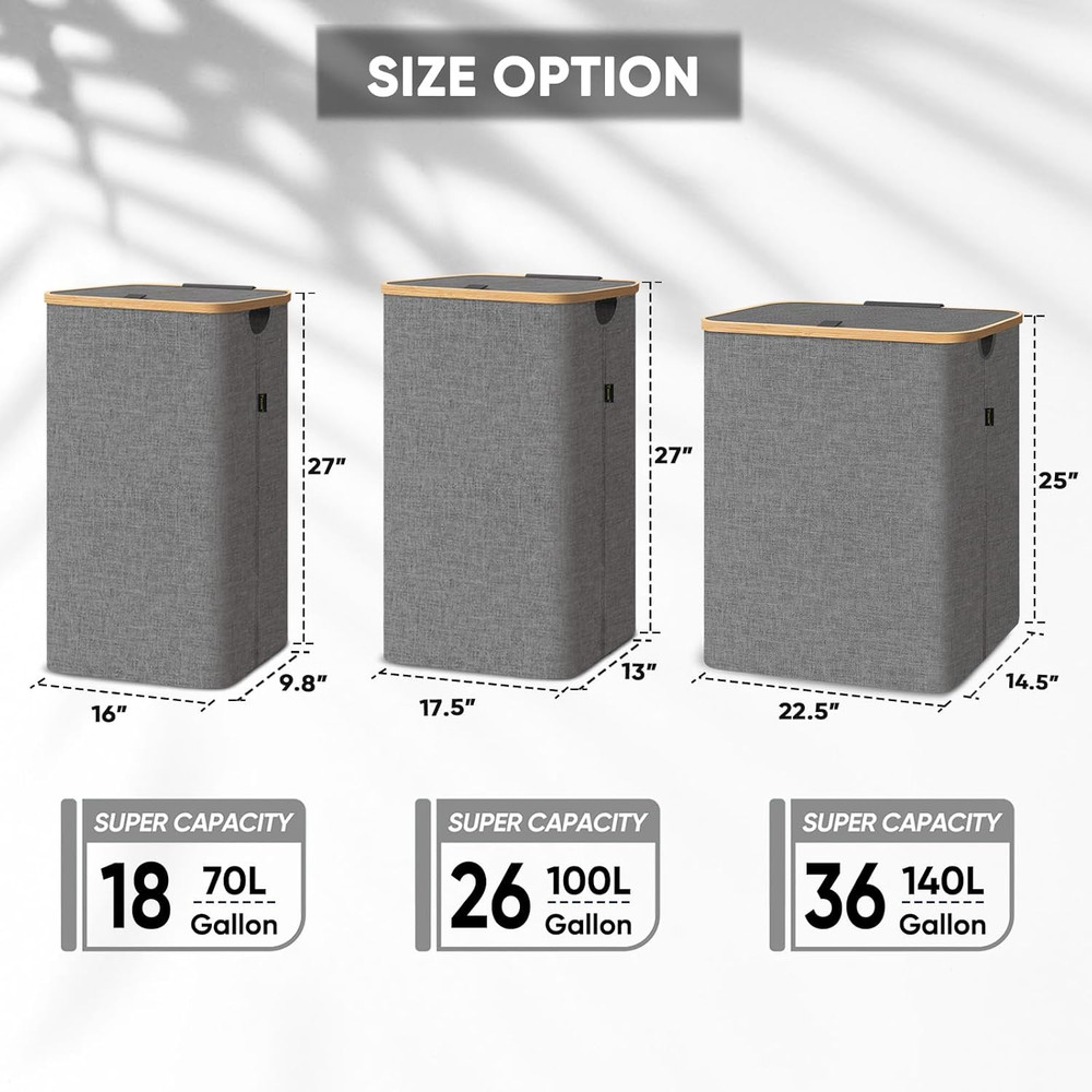 Laundry Hamper with Lid, Tall Laundry Baskets with Bamboo Pull Handles, Large...