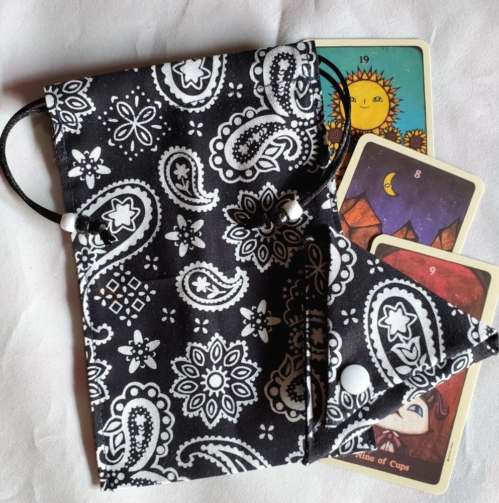 Tarot Card Drawstring Bag Handmade Black Paisley with Beads PLUS Crystal Pouch