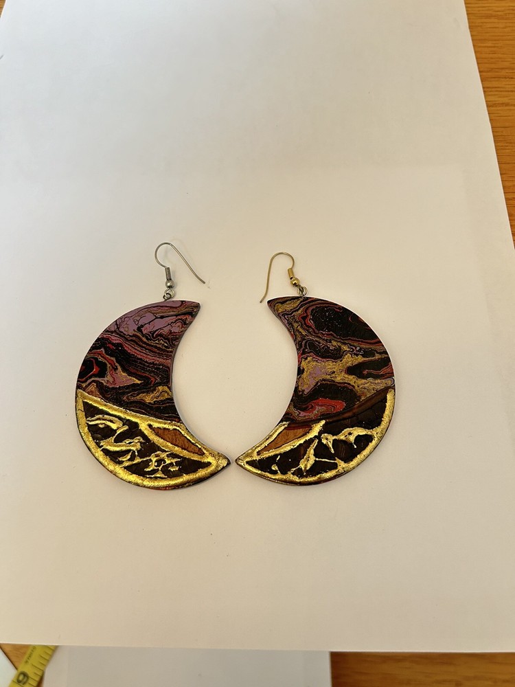 Vintage Half Moon Handpainted Chunky Earrings E2