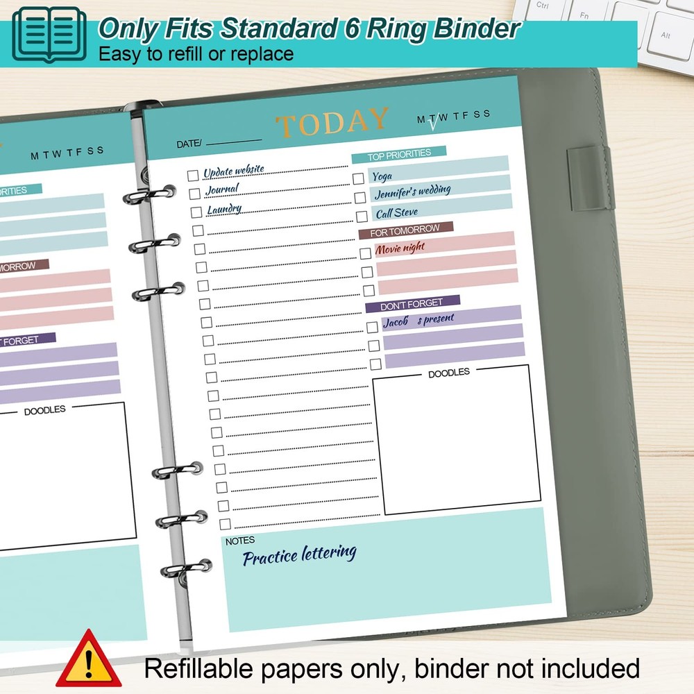 A5 Refill Paper Planner Inserts, 3 Pack 6 Holes Loose Leaf Green