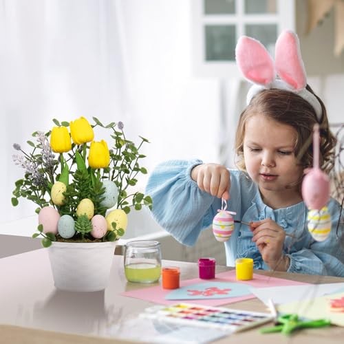 Easter Decorations, Artificial Easter Egg Tulip Flower Potted Table Yellow
