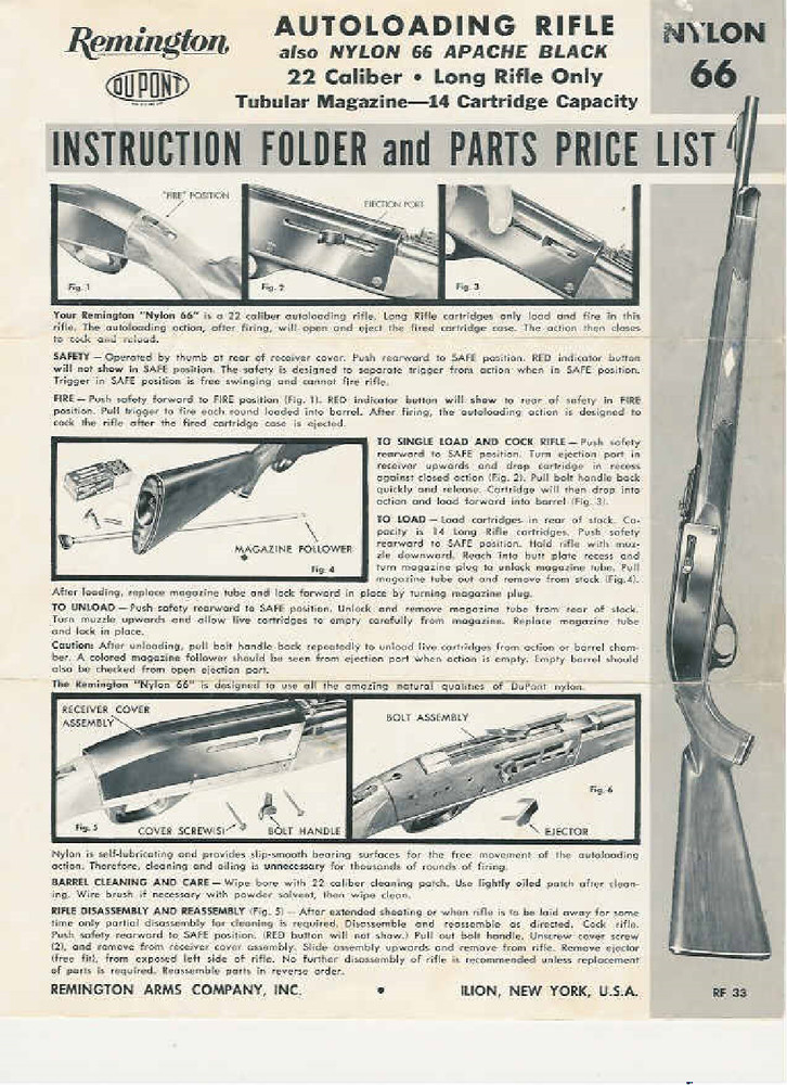 Remington Nylon 66 Auto-loading Rifle .22 Instruction Folder NEW Comb Bound Copy