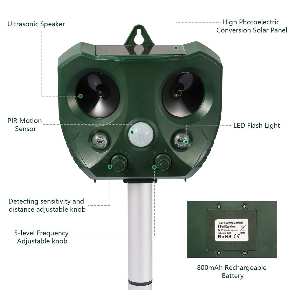 Ultrasonic Animal Repeller Solar Powered Repellent w/ Motion Sensor LED Flashing