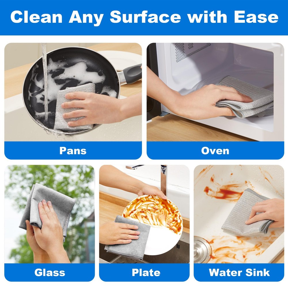 Dual-Sided Silver Microfiber Cleaning Cloth, Reusable Non-Scratch Dishwashing...