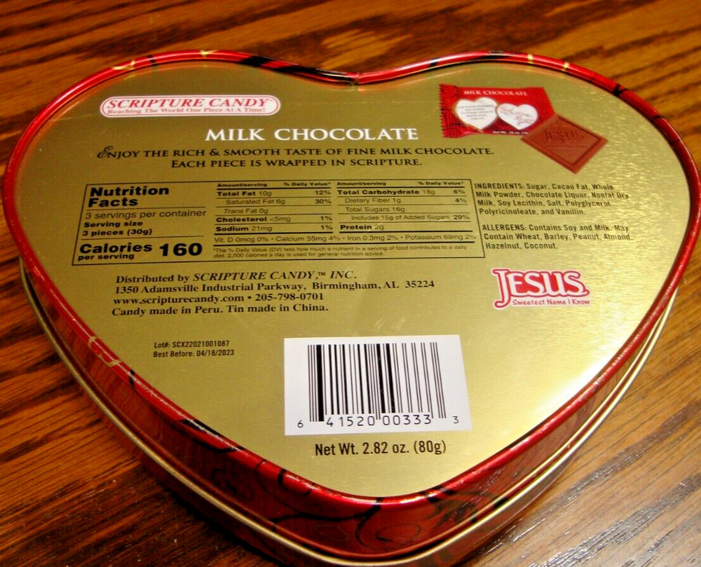 Scripture Candy Tin~Red Heart-Shaped Container 'God So Loved' 6.3"x5.3"x2" 812