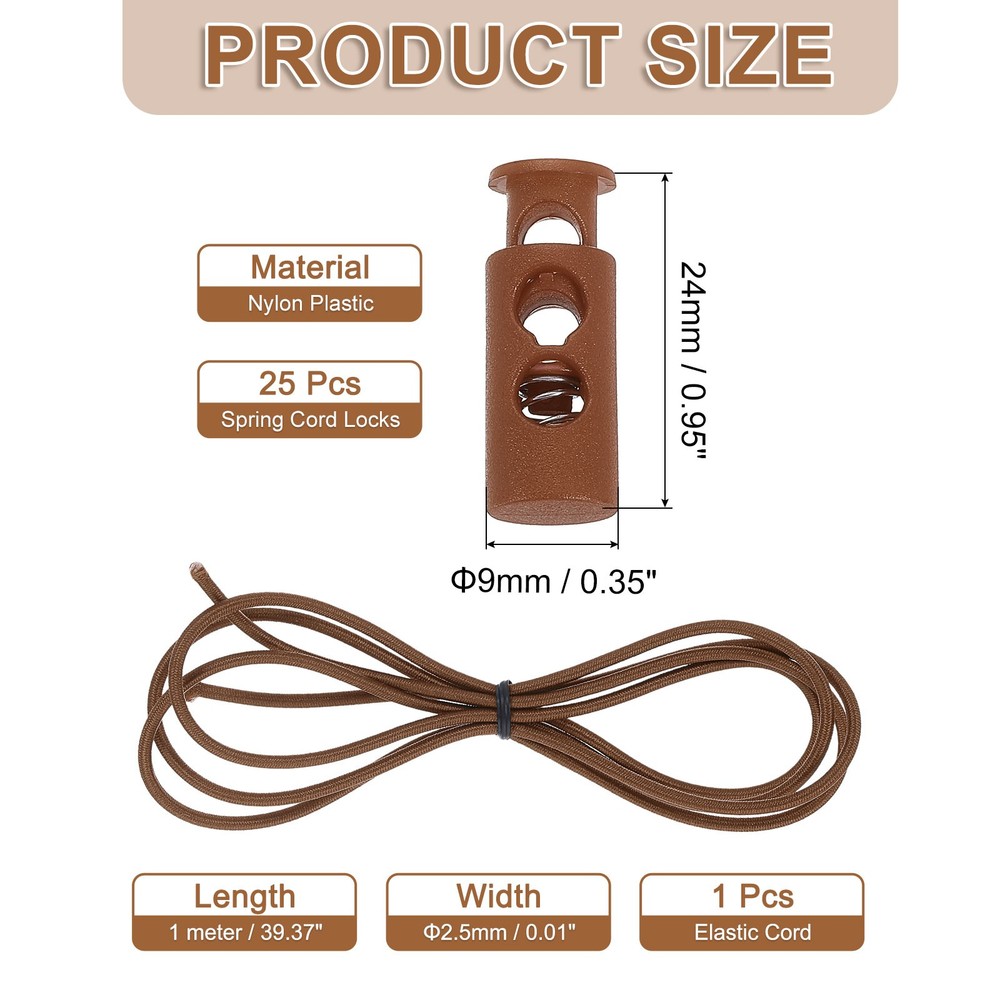 25 Pcs Double Hole Cord Locks with Elastic Cord, Coffee