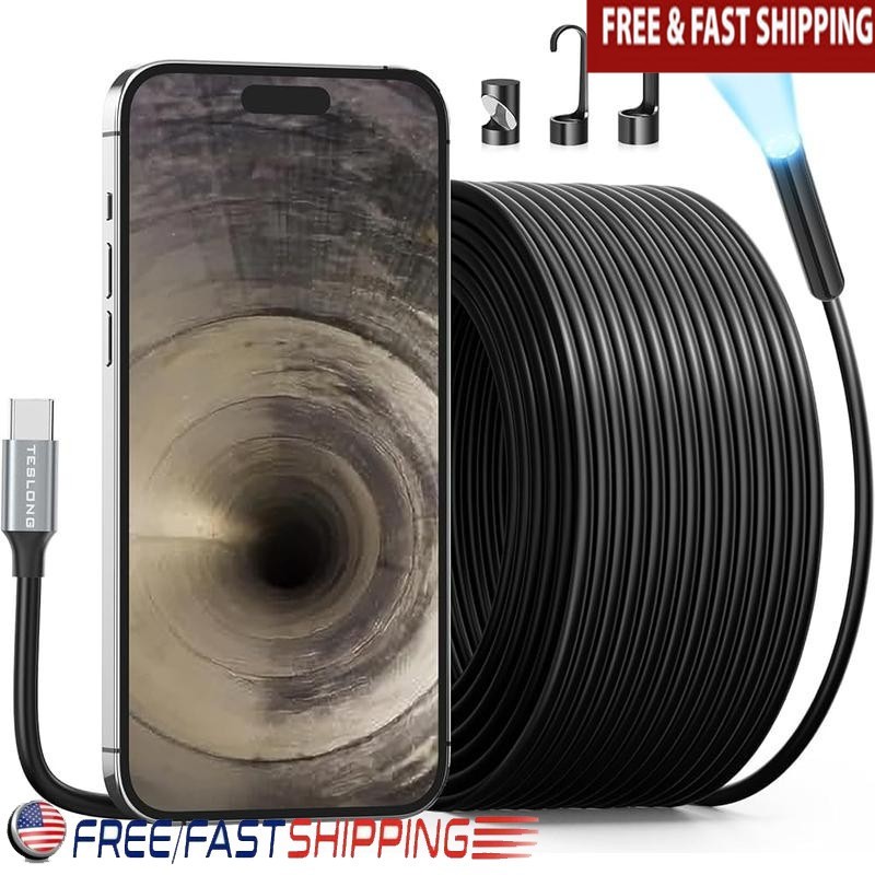 50FT Sewer Inspection Camera USB-C Waterproof Endoscope W/ 8 LEDs iPhone Android