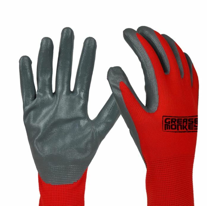 New ! Grease Monkey Red Nitrile Coated Work Gloves Size Large