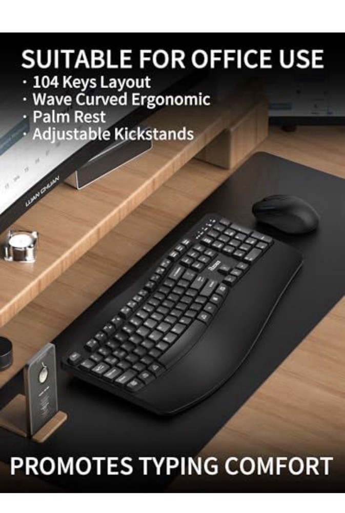 Wireless Keyboard and Mouse Combo,2.4G Full Size Wave Keys Ergonomic Keyboard