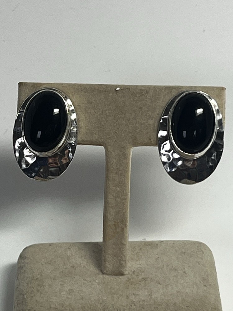 Sterling Black Onyx Earrings Hammered Silver Pierced Signed