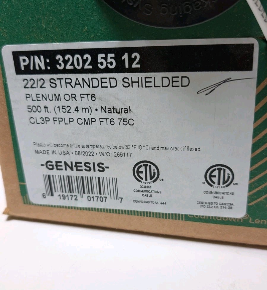 Open Box 156' Genesis 32025512 22g 2c Shielded Plenum Microphone Cable Box White