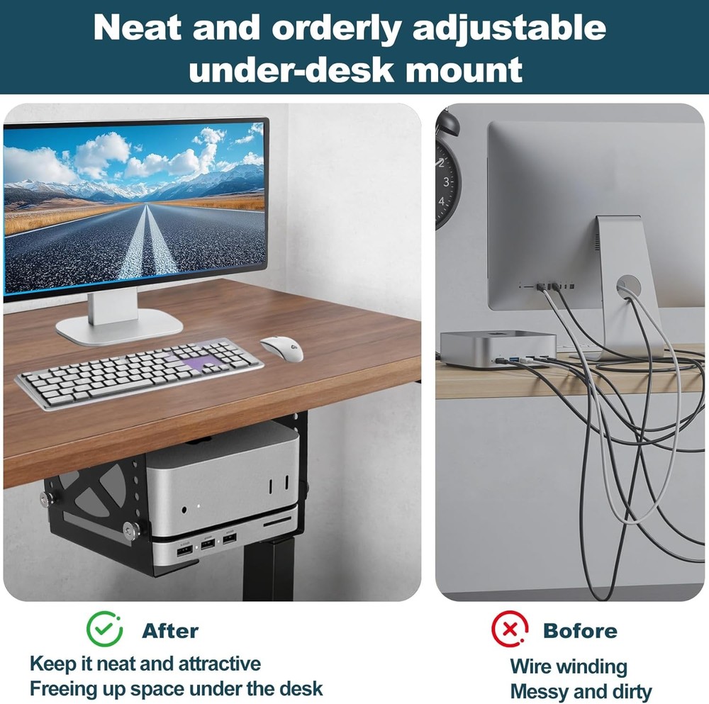 Adjustable Under Desk Mini PC Mount, 6-Level Height (1.7" to 3.3"), Width Adjust