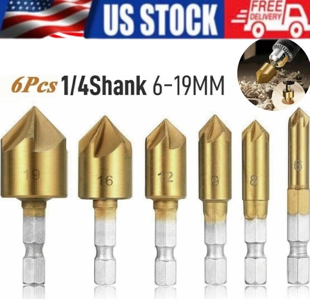 6Pc Chamfer Countersink Deburring Drill Bit Set Crosshole Cutting Metal Tool Kit