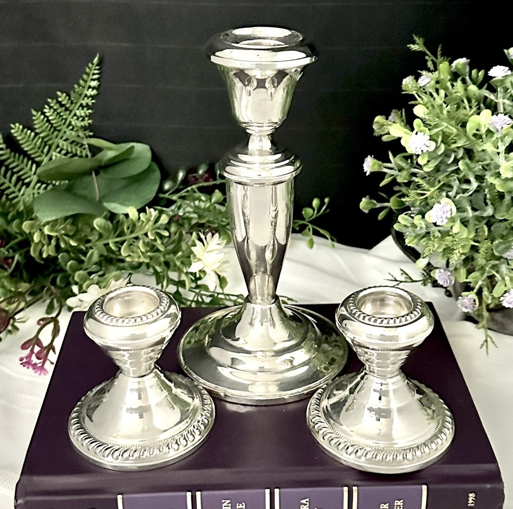 Sterling Silver Console Candle Holders Vintage Silver Taper Candlesticks - 3 Pcs