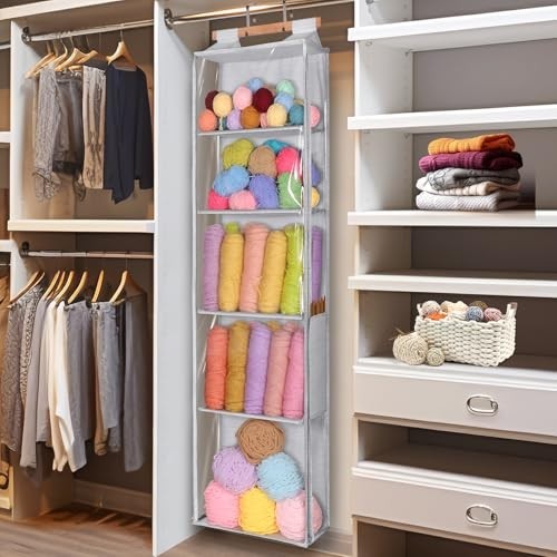 Hanging Yarn Storage Organizer with 5 Large Pockets, Knitting & Crochet Accessor