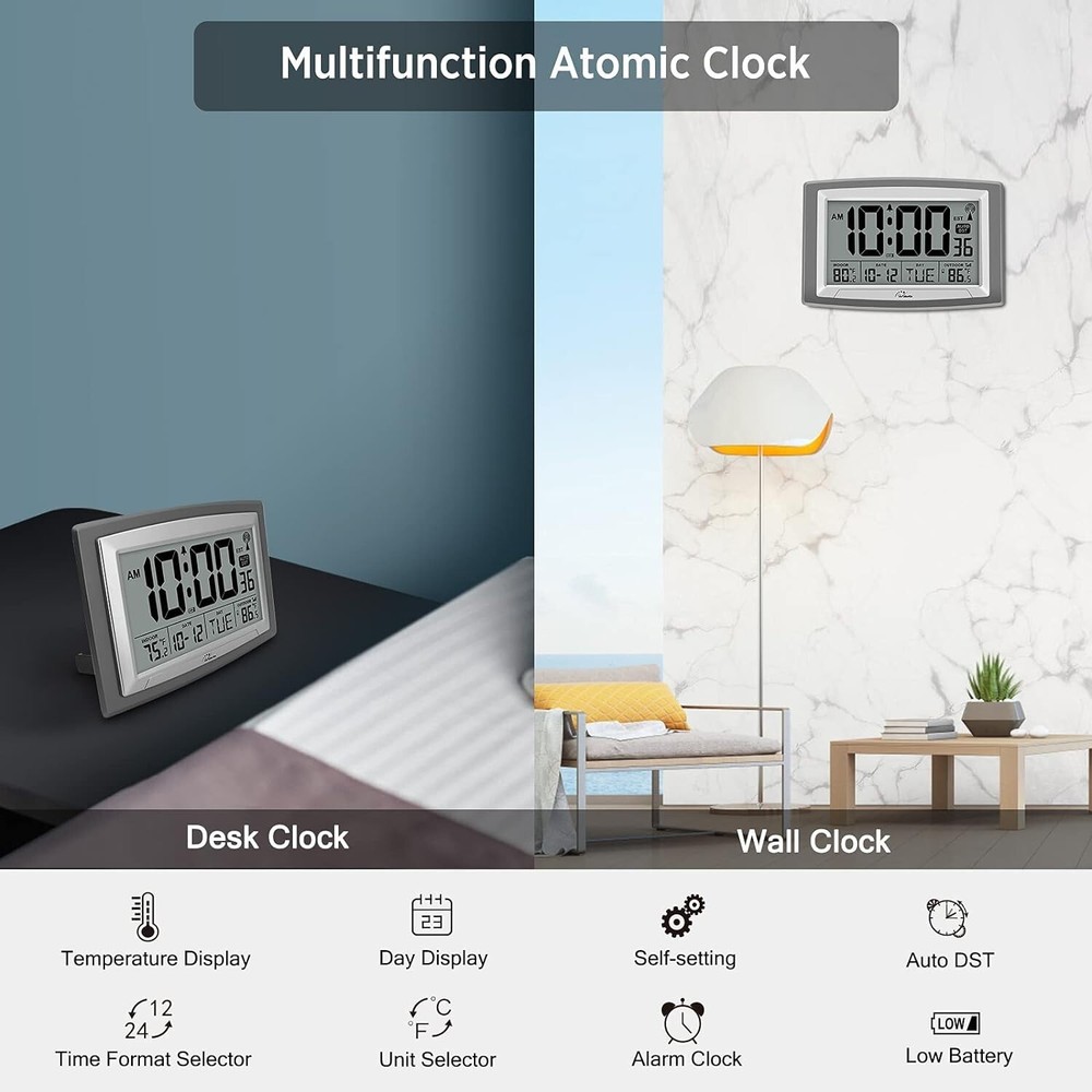 Atomic Clock with Indoor Outdoor Temperature, Self-Setting Digital Wall Clock