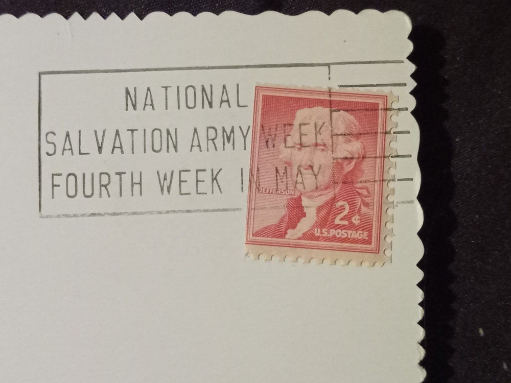 Thomas Jefferson 2 Cent red postage stamp on post card Hawaii postmarked 1956