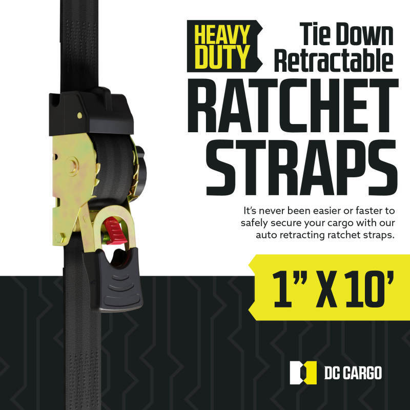 DC Cargo Retractable Ratchet Strap Tie Down Straps w/ S-Hooks 1" x 10' 2-pack