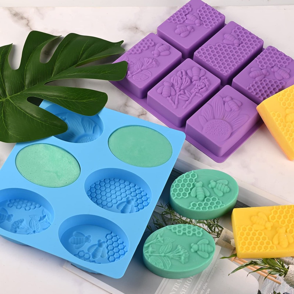 Sakolla 2 Pack Rectangular+Oval Honeycomb Bee Molds, Honeycomb/Purple & Blue