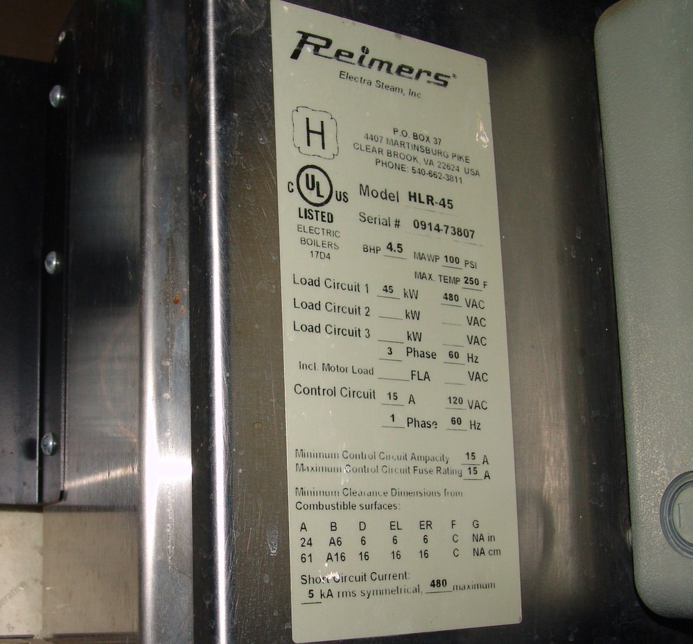 Reimers HLR45 hydronic boiler 100 psi , 250F