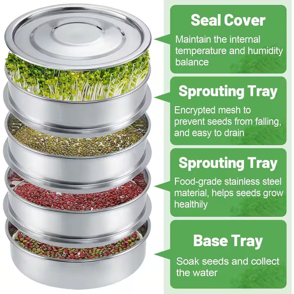 Stainless Steel Seed Sprouting Kit 4-Tier round Microgreens Tray Stackable Encry