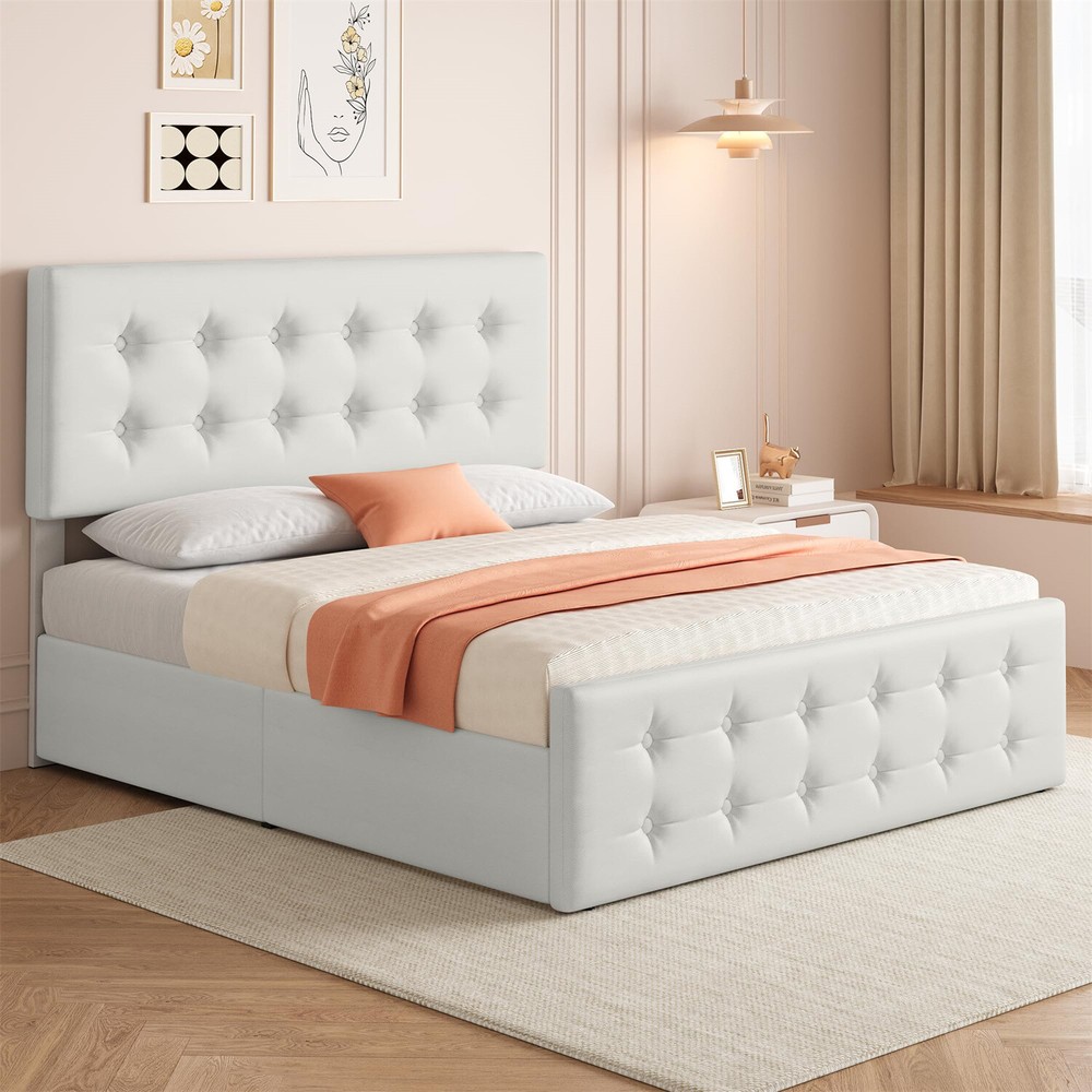Full Bed Frame W/4 Storage Drawers Headboard Upholstered Platform Faux Leather