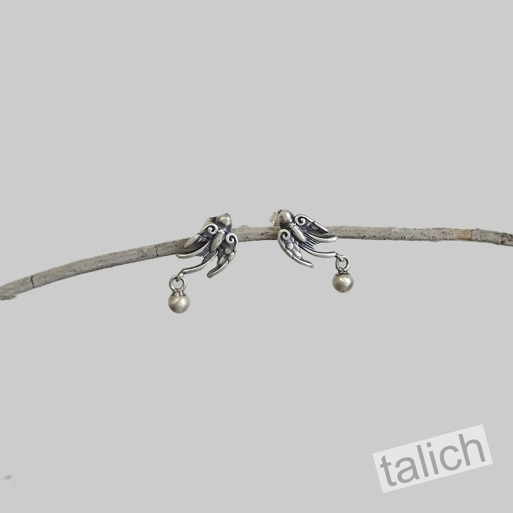 Sterling Silver Flying Swallow Bird with Tiny Bead Small Stud Earrings Unique