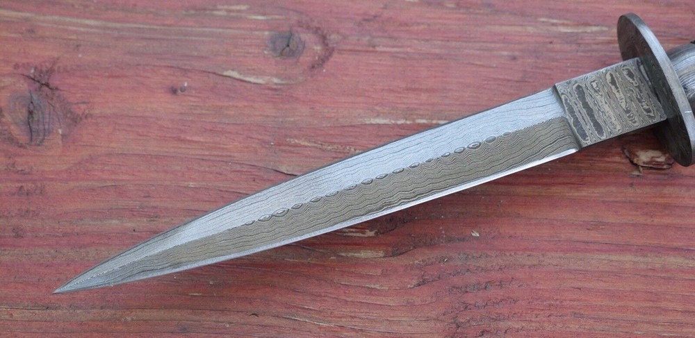 13” FS Commando Dagger Damascus Full Tang Double Edge Spear Point Leather Sheath