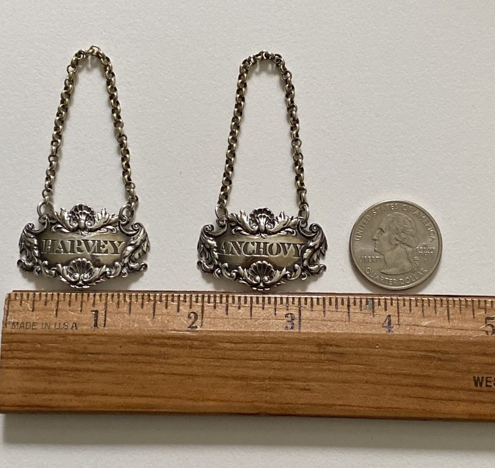 Antique SILVER BOTTLE LABLES - Pair, Harvey & Anchovy, Solid Silver (5I12)