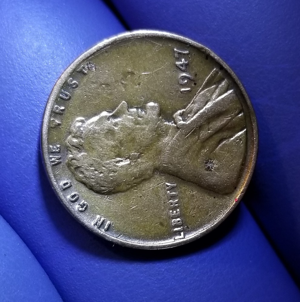 1947 P Lincoln Wheat Cent Strike Through Grease on Obverse Error Reverse Error