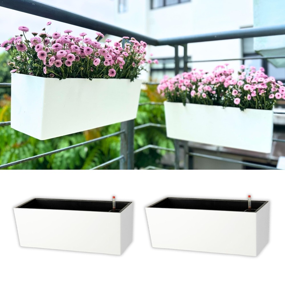 LaLaGreen Railing Planter Box (14 Inch, 2 Pack) White Rectangular Window Flow...