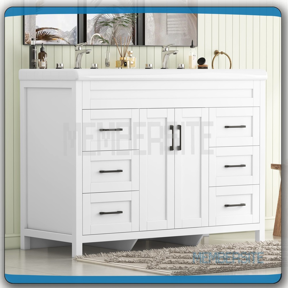 47.3" Bathroom Vanity Double Ceramic Sinks Storage Cabinet Bathroom Freestanding