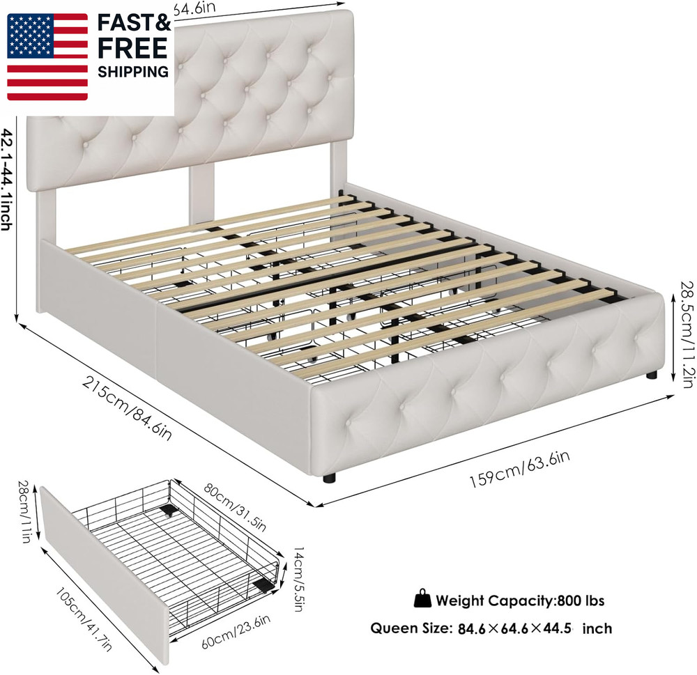 Queen Bed Frame with 4 Storage Drawers and Adjustable Headboard, Upholstered Pla