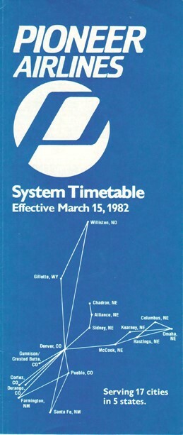Pioneer Airlines timetable 1982/03/15