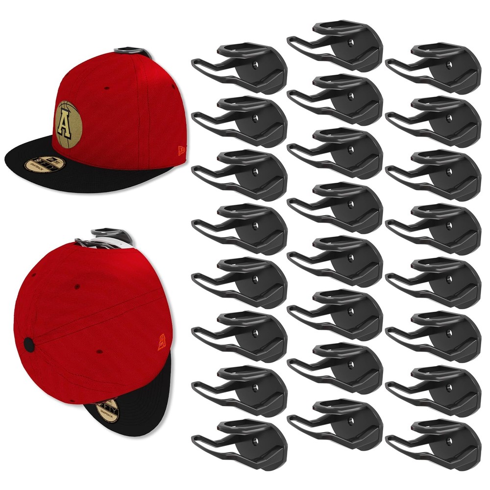 24 Pack Adhesive Hat Hooks for Wall, Strong Rack Baseball Caps, Black