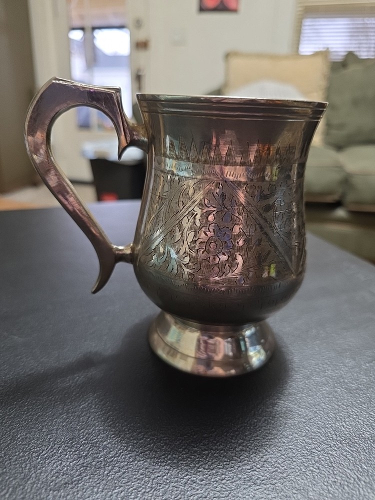 Vintage Silver Plated Etched Footed Cup With Handle