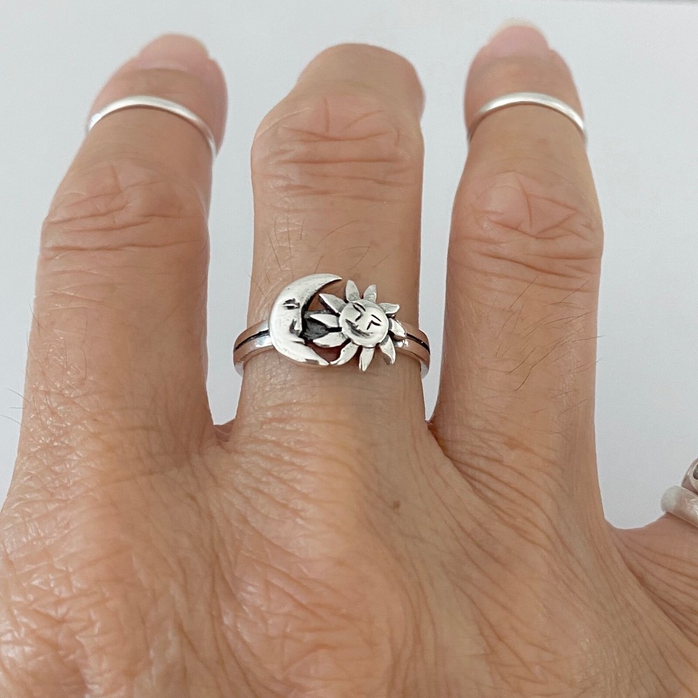 Sterling Silver Face Moon and Sun Ring, Silver Ring, Boho Ring, Moon Ring