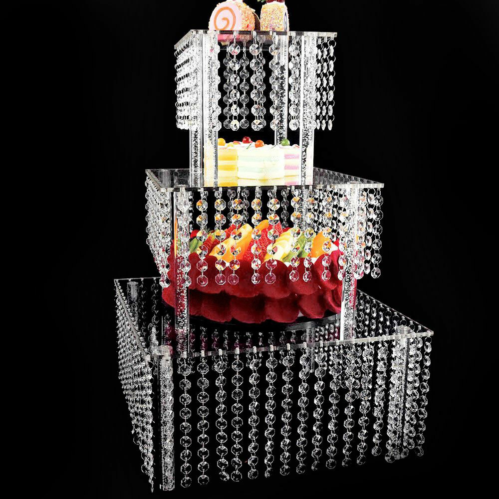 3 Tier Cake Stands Square Crystal Beaded Cupcake Tower Separable Dessert Display