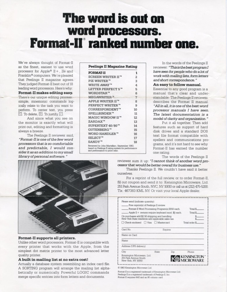 VERY SCARCE Format-][ Word Processing System Kensington Microware Apple II /Plus