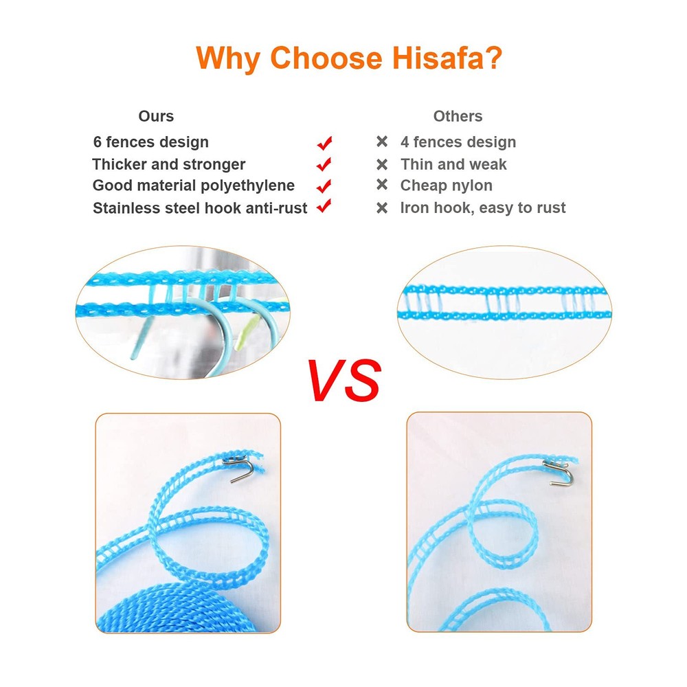 Windproof Clothes Line 2 Pack Blue Nylon 16.4 feet Hooks Retractable Camping