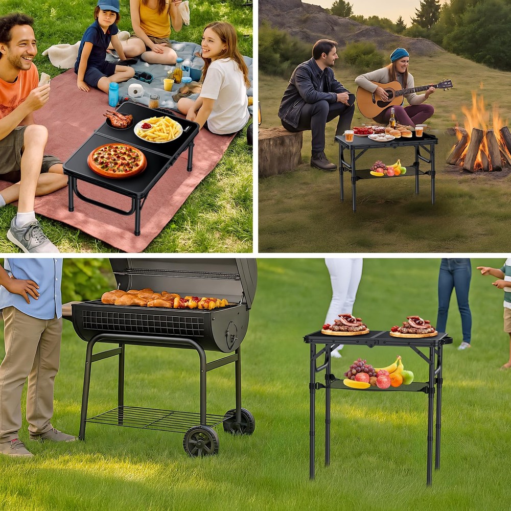 Anbte 2ft Folding Camping Table with Storage Net, 3 Adjustable Heights Small Fol