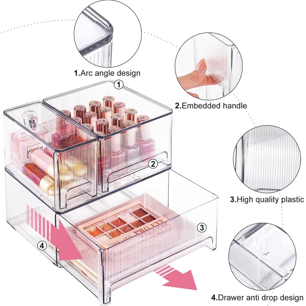 Clear Stackable Makeup Organizer, 3 Pack Plastic Drawer Storage with Handle f...