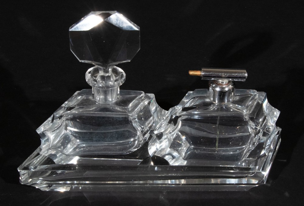 Art Deco Perfume Clear Cut Crystal Glass Dressing Table Set