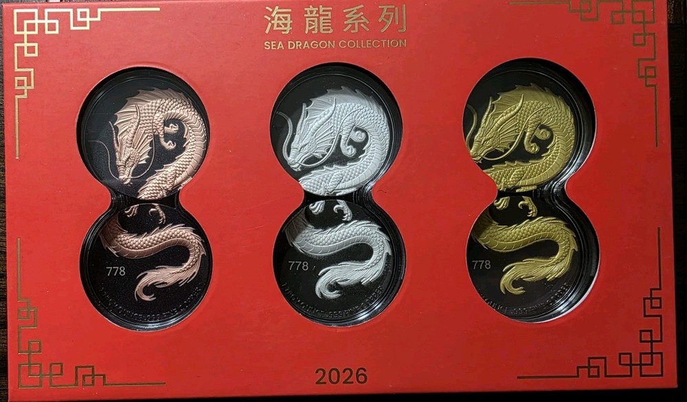 2026 Sea Dragon Collection Commemorative Coin Set Copper Silver Gold Triangular